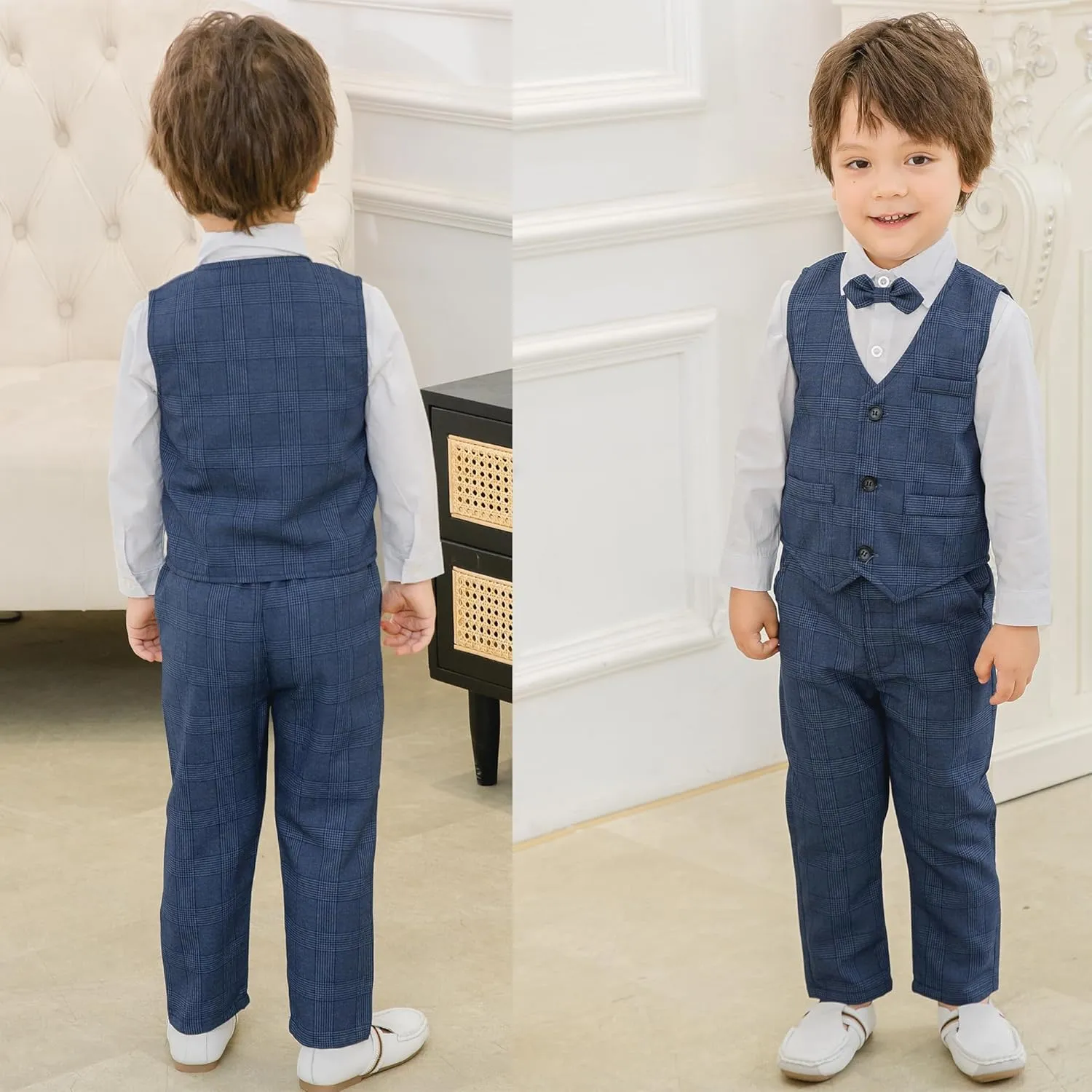 Kimocat Boys 3Pcs Clothing Sets Elegant Long Sleeve Shirts   Vest with Flower Pants Party Suit