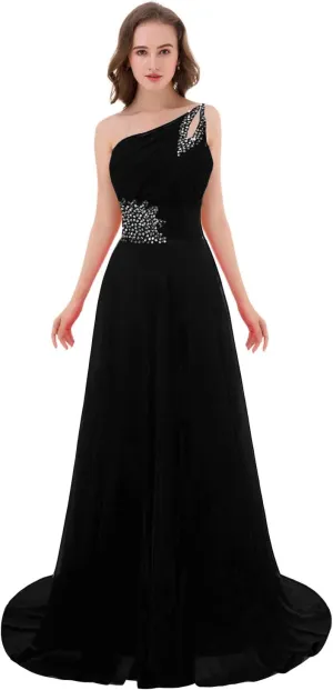 Kivary Long A Line Beaded One Shoulder Formal Corset Prom Evening Dresses