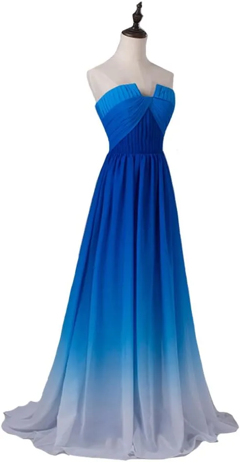 Kivary Sweetheart Ruched A Line Chiffon Sweep Train Gradient Prom Evening Dresses