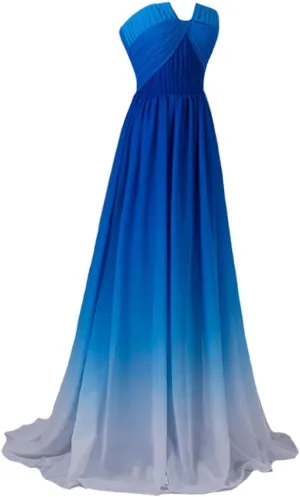 Kivary Sweetheart Ruched A Line Chiffon Sweep Train Gradient Prom Evening Dresses