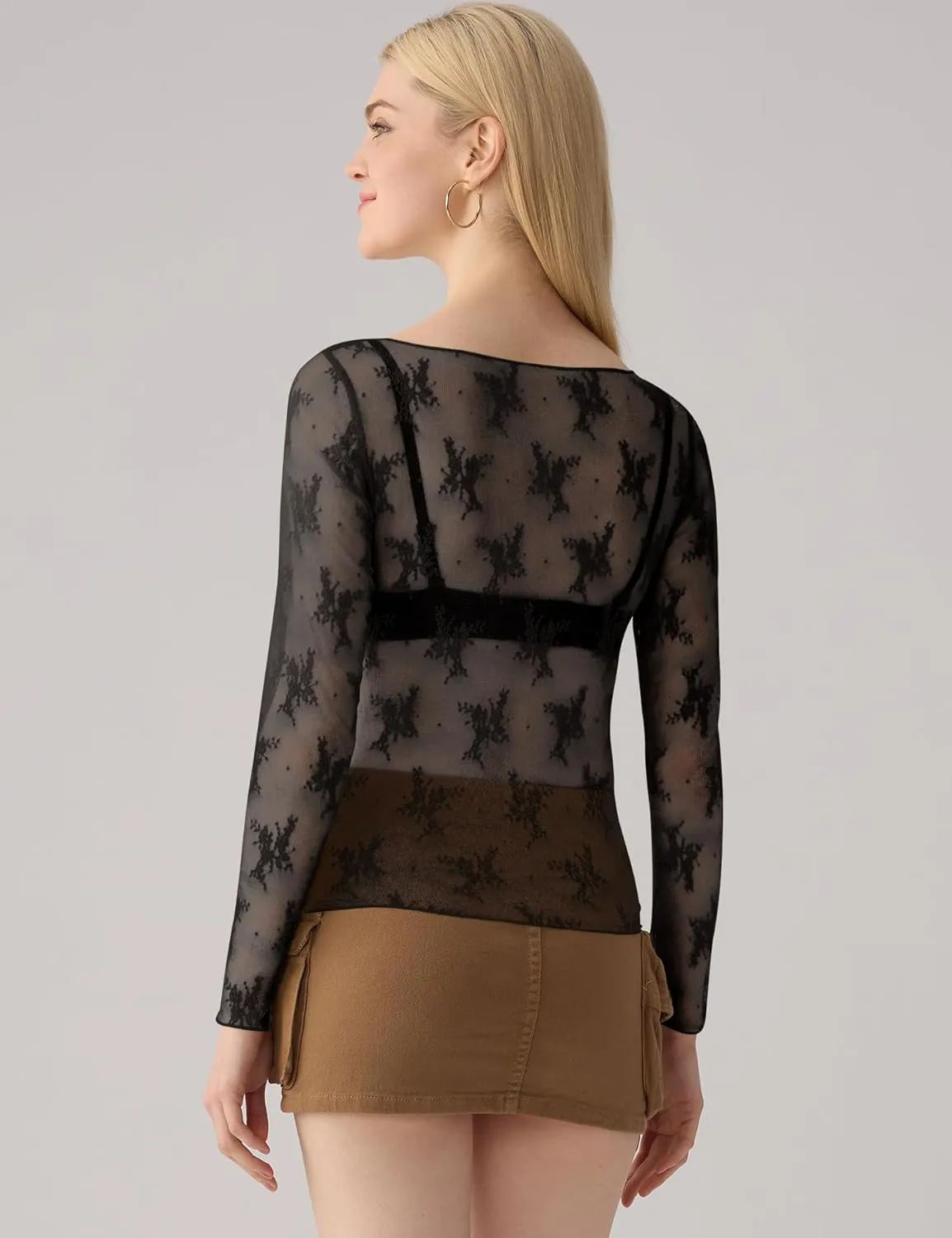 KTILG Womens Lace Long Sleeve Boat Neck Tops Embroidery Sheer Blouse Sexy See Through Shirt Mesh Top S-XXL