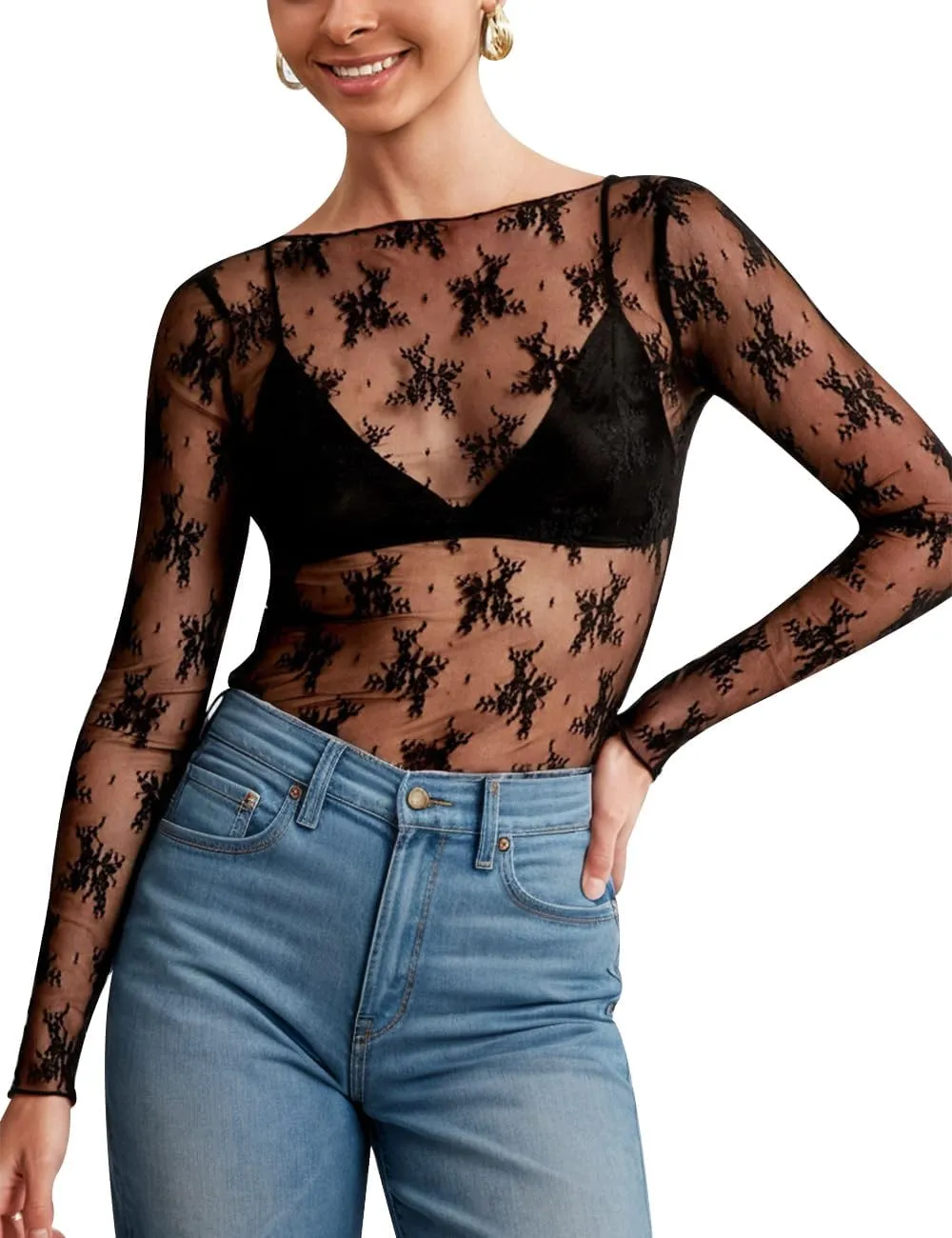KTILG Womens Lace Long Sleeve Boat Neck Tops Embroidery Sheer Blouse Sexy See Through Shirt Mesh Top S-XXL
