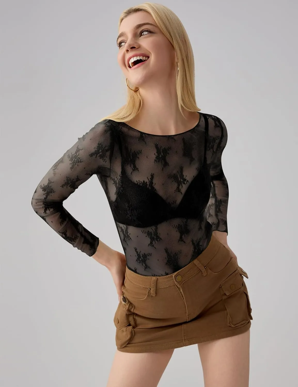 KTILG Womens Lace Long Sleeve Boat Neck Tops Embroidery Sheer Blouse Sexy See Through Shirt Mesh Top S-XXL