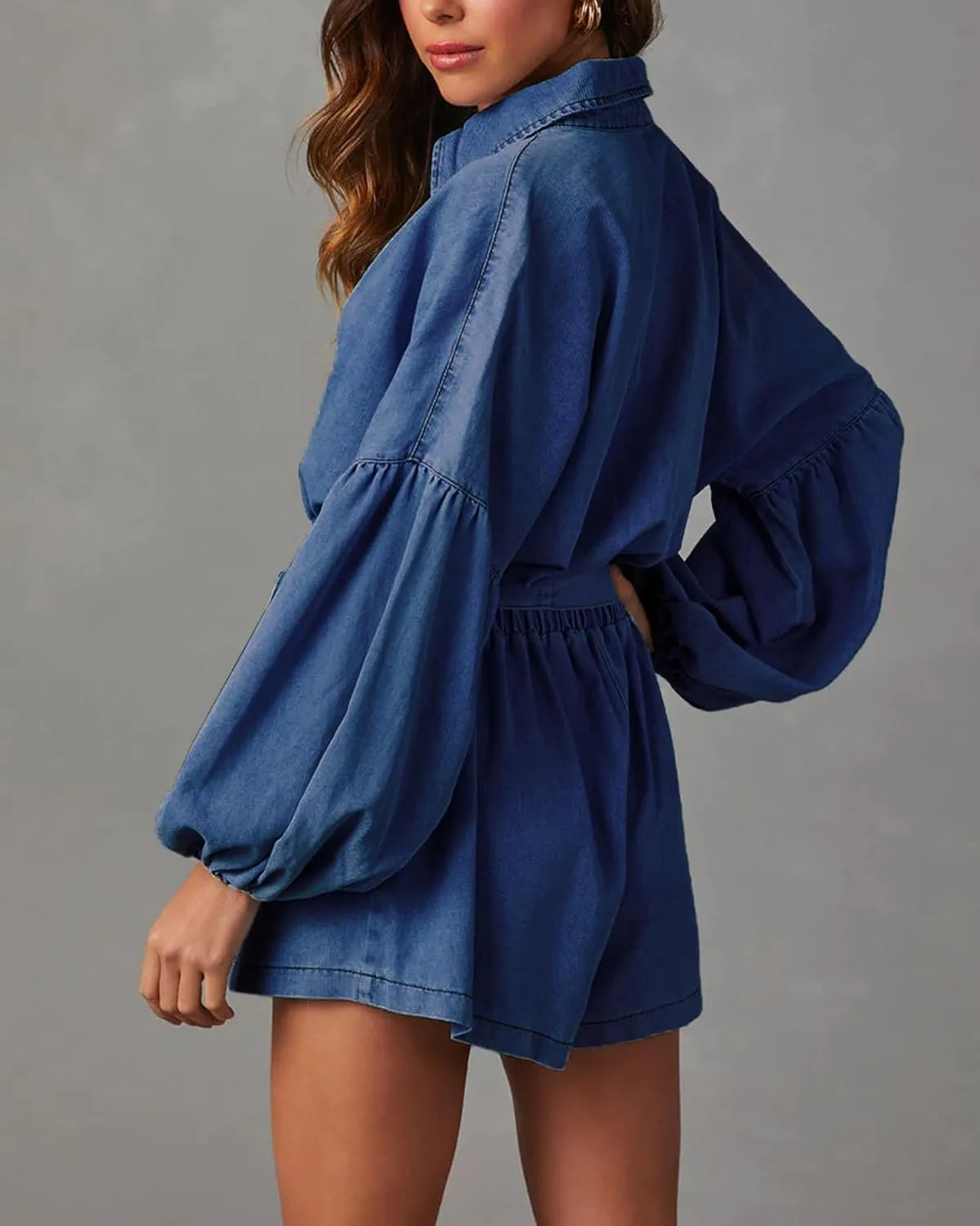 Lantern Long Sleeve Denim Romper for Women Elastic Waist Tie Front Jean Jumpsuit Short Playsuits