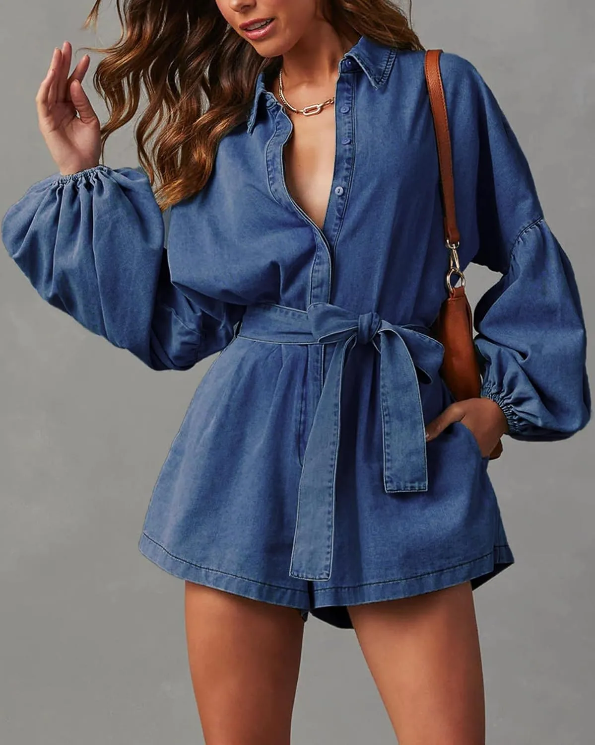 Lantern Long Sleeve Denim Romper for Women Elastic Waist Tie Front Jean Jumpsuit Short Playsuits