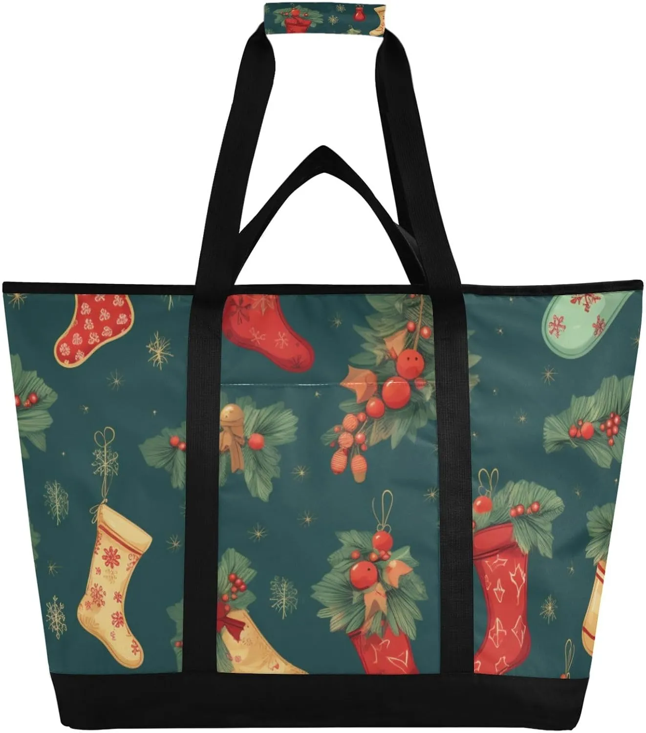 Large Insulated Reusable Tote Bag Christmas Socks Red Green for Grocery Shopping for Women Men, Cooler Bag with Zippered Top & Handles for Travel Beach Picnic