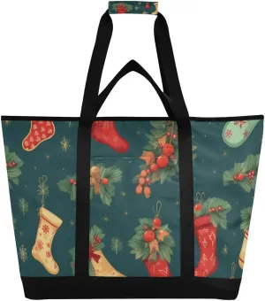 Large Insulated Reusable Tote Bag Christmas Socks Red Green for Grocery Shopping for Women Men, Cooler Bag with Zippered Top & Handles for Travel Beach Picnic