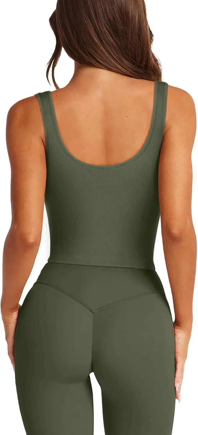 LASLULU Womens Longline Sports Bra Ribbed Seamless Wirefree Padded Tank Tops Medium Support Workout Casual Crop Tops