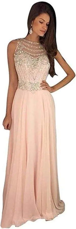 Lemai Sheer Back Beaded Long A Line Chiffon Prom Dresses Evening Formal Gowns
