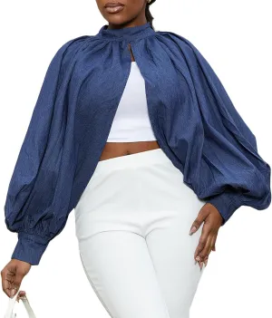 LETSVDO Women's Sexy Denim Crop Top Mock Neck Backless Puff Sleeve Open Front Bolero Shrug Asymmetrical Jean Blouse 2023