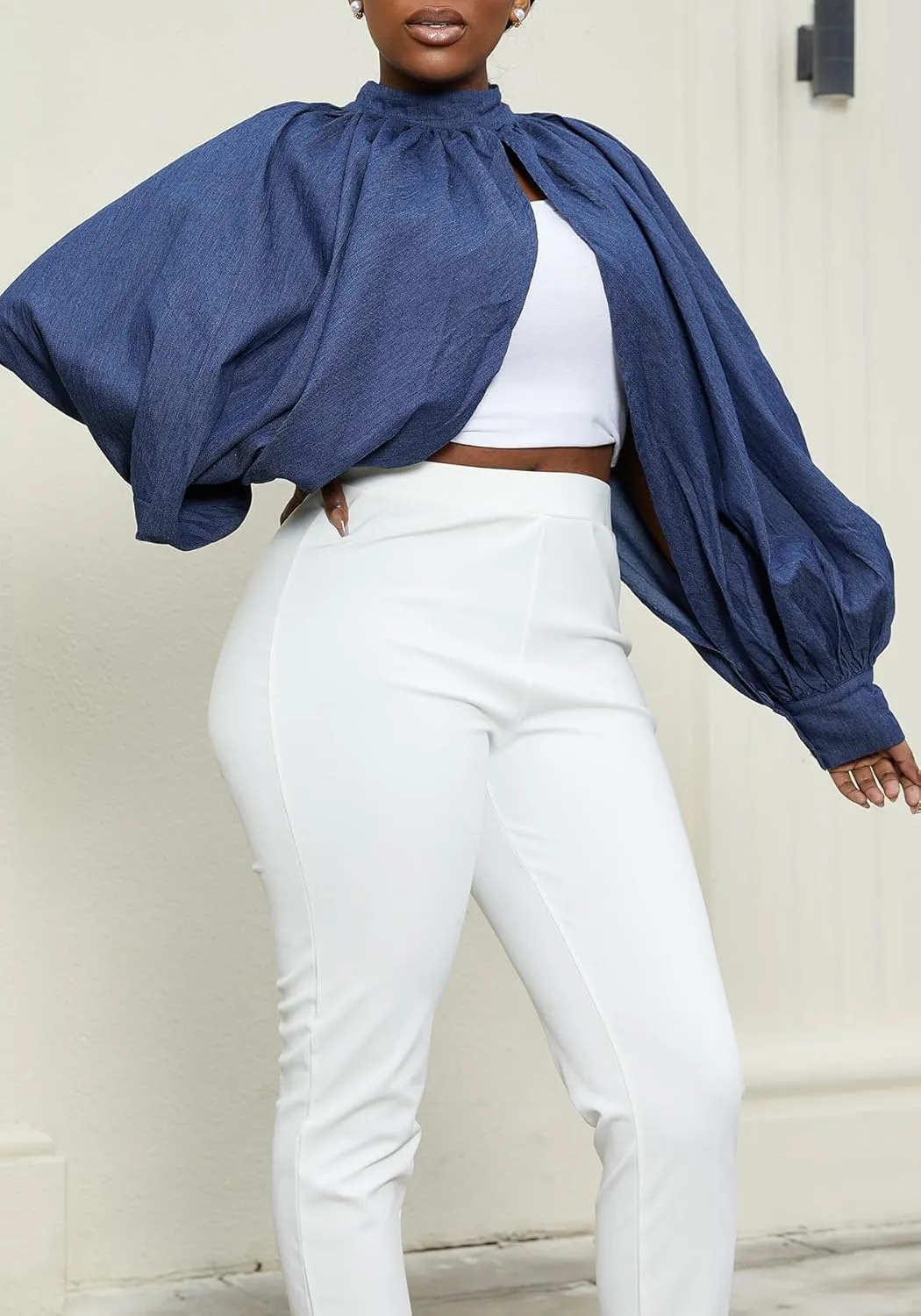 LETSVDO Women's Sexy Denim Crop Top Mock Neck Backless Puff Sleeve Open Front Bolero Shrug Asymmetrical Jean Blouse 2023