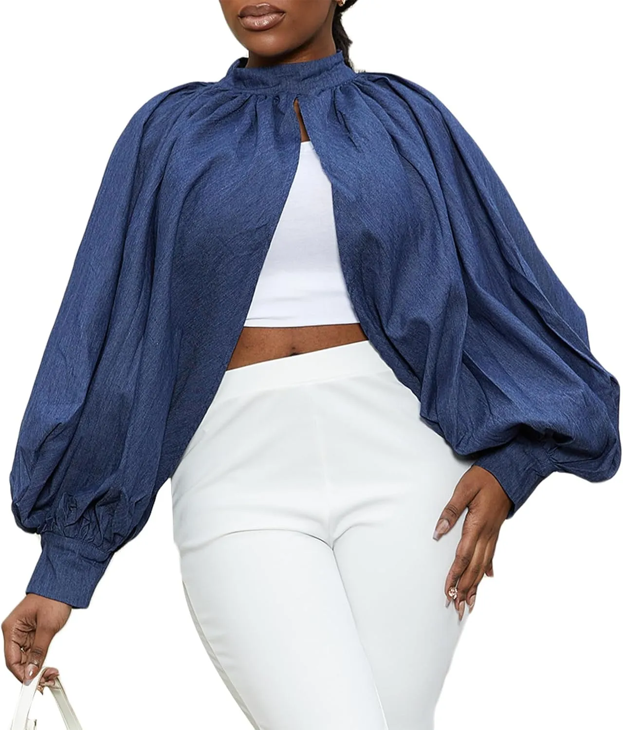 LETSVDO Women's Sexy Denim Crop Top Mock Neck Backless Puff Sleeve Open Front Bolero Shrug Asymmetrical Jean Blouse 2023