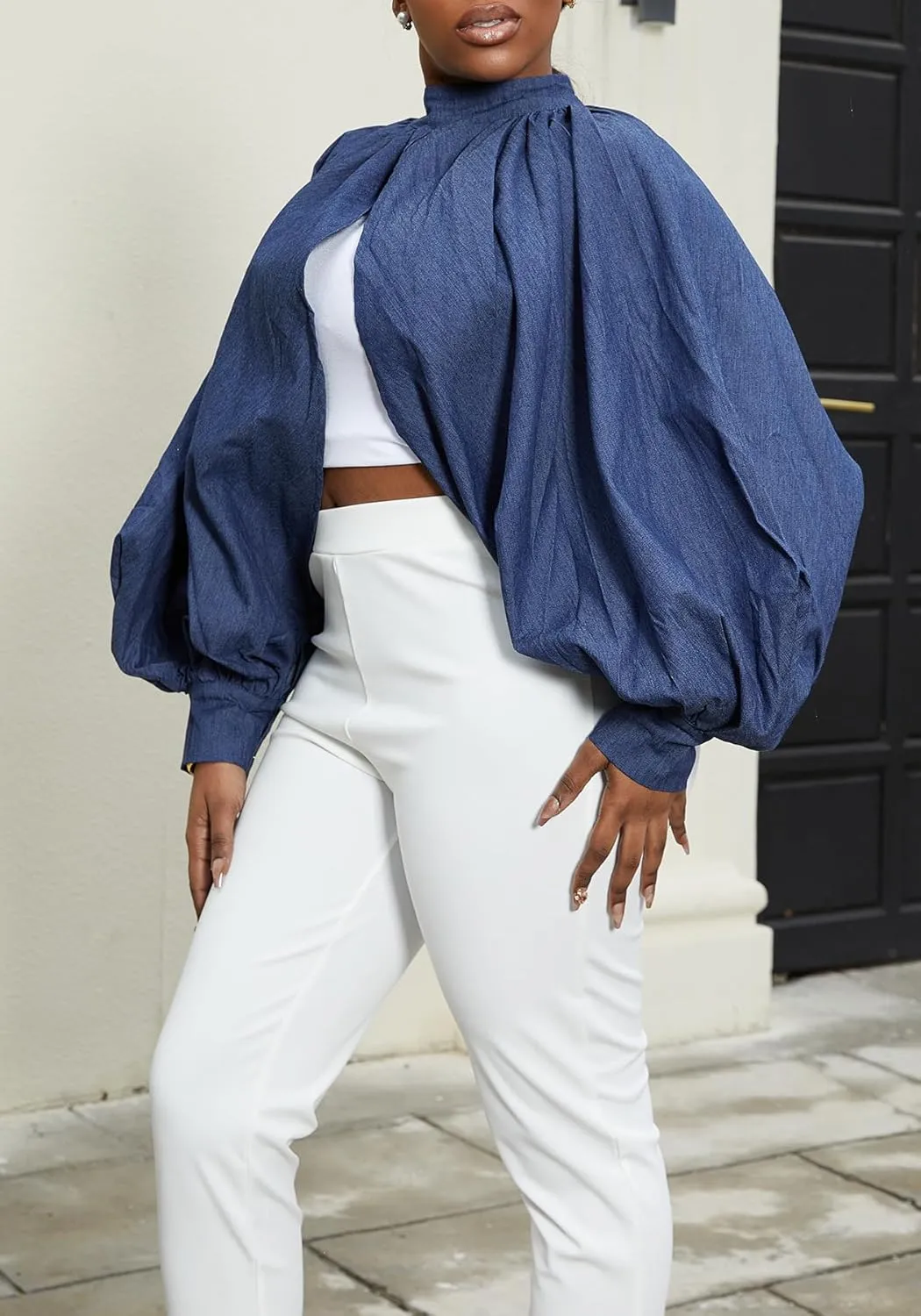 LETSVDO Women's Sexy Denim Crop Top Mock Neck Backless Puff Sleeve Open Front Bolero Shrug Asymmetrical Jean Blouse 2023