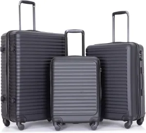 Lightweight 3 Piece Luggage Set with Spinner Wheels and Adjustable Handle, Inner Storage Organization, Black