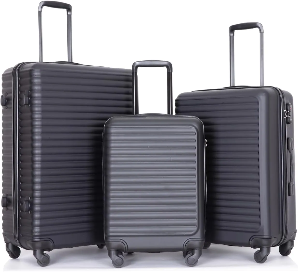Lightweight 3 Piece Luggage Set with Spinner Wheels and Adjustable Handle, Inner Storage Organization, Black