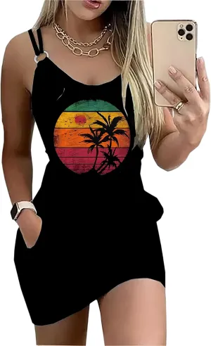 Live Simple Coconut Tree Summer Dress Women 2025 Vacation Tunic Mini Sundress Sleeveless Casual Beach Tank Dresses