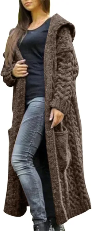 Long Chunky Cable Knit Cardigans For Women Open Front Long Hooded Sweater 2024 Winter Warm Oversized Solid Outwear