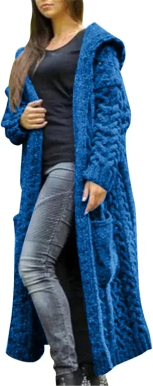 Long Chunky Cable Knit Cardigans For Women Open Front Long Hooded Sweater 2024 Winter Warm Oversized Solid Outwear
