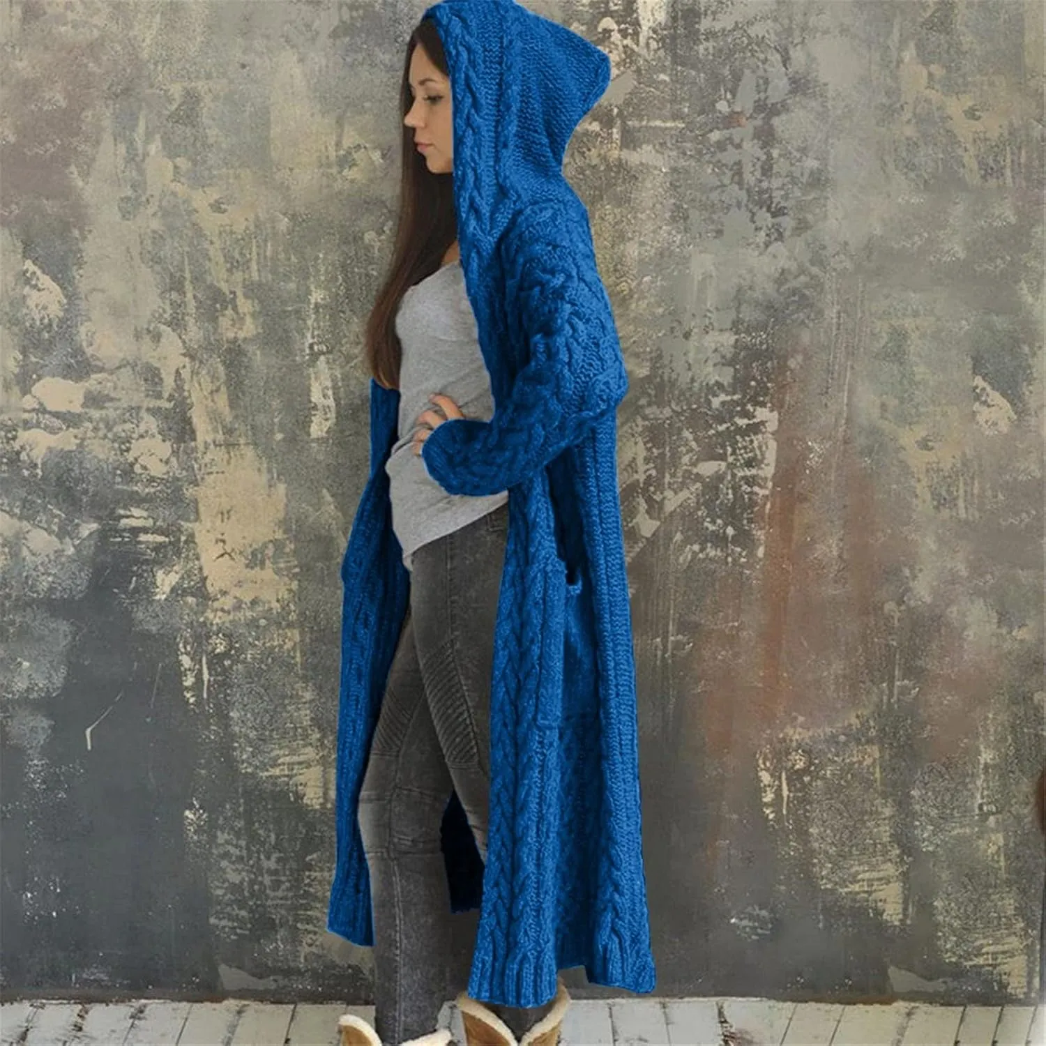 Long Chunky Cable Knit Cardigans For Women Open Front Long Hooded Sweater 2024 Winter Warm Oversized Solid Outwear