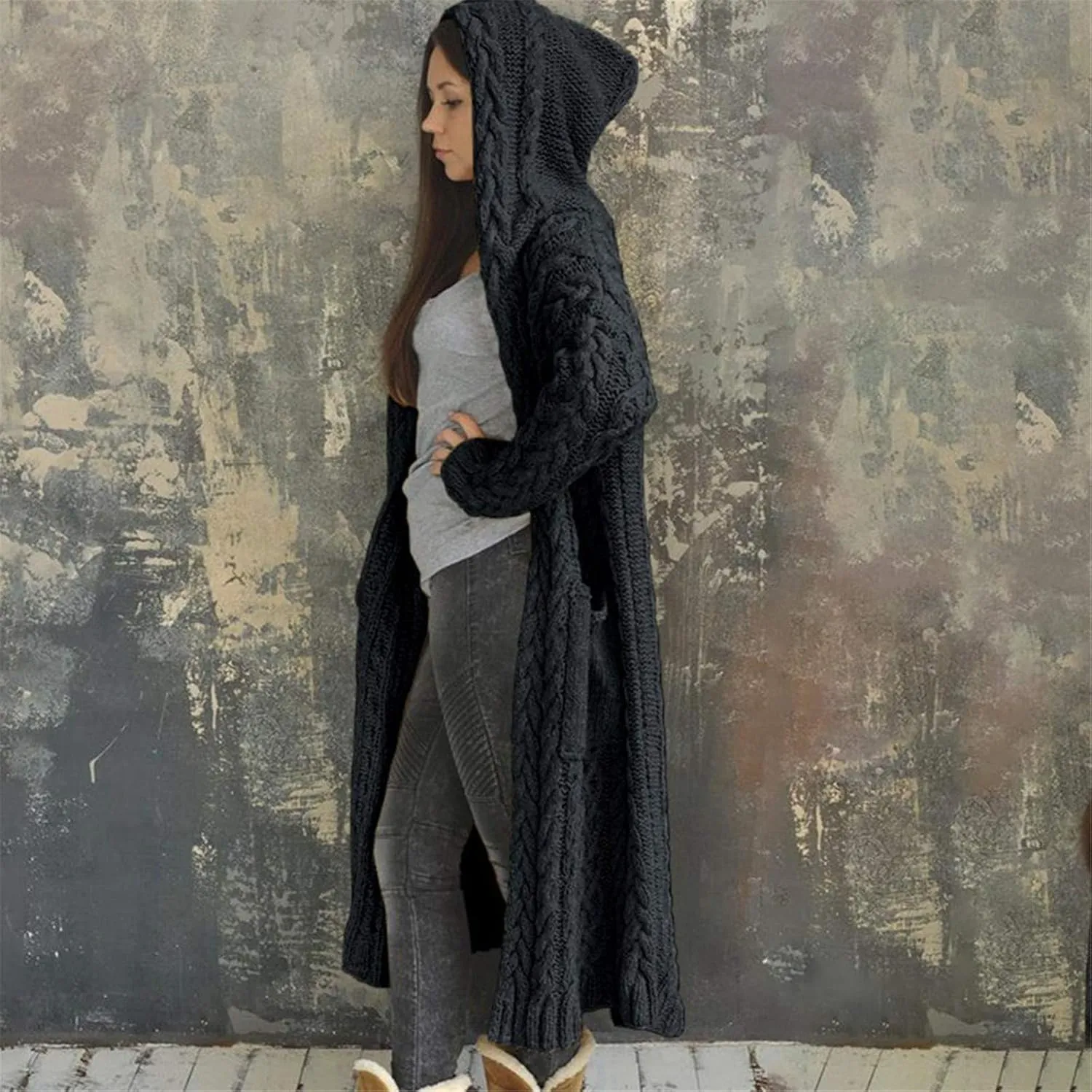 Long Chunky Cable Knit Cardigans For Women Open Front Long Hooded Sweater 2024 Winter Warm Oversized Solid Outwear