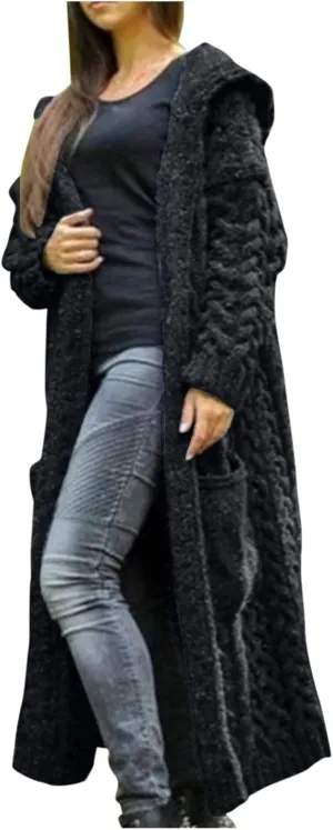 Long Chunky Cable Knit Cardigans For Women Open Front Long Hooded Sweater 2024 Winter Warm Oversized Solid Outwear