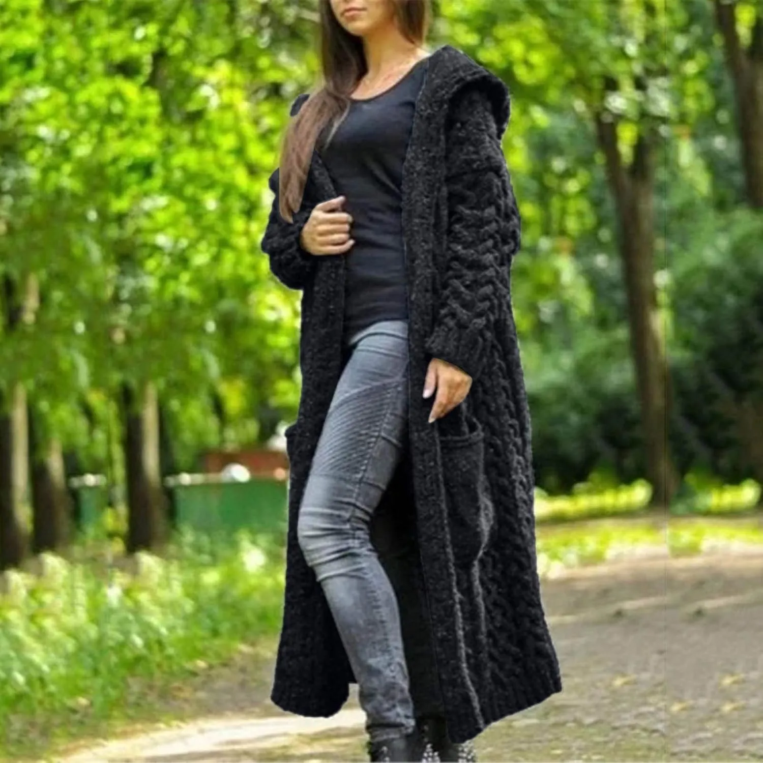 Long Chunky Cable Knit Cardigans For Women Open Front Long Hooded Sweater 2024 Winter Warm Oversized Solid Outwear