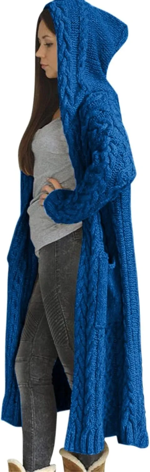 Long Chunky Cable Knit Cardigans For Women Open Front Long Hooded Sweater 2024 Winter Warm Oversized Solid Outwear