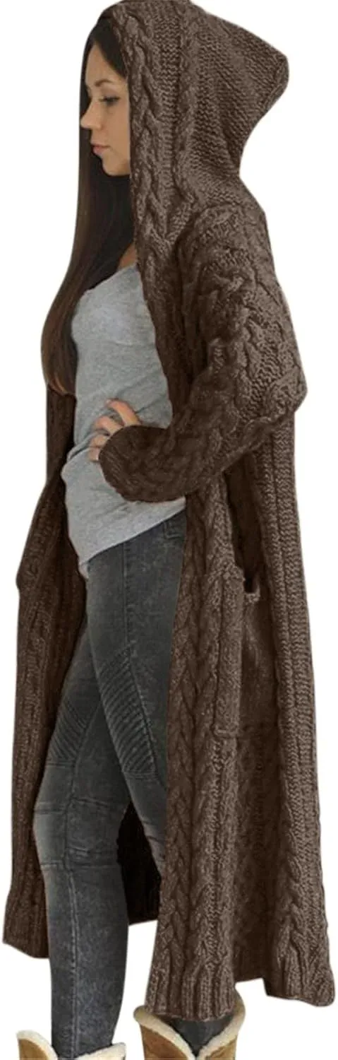 Long Chunky Cable Knit Cardigans For Women Open Front Long Hooded Sweater 2024 Winter Warm Oversized Solid Outwear