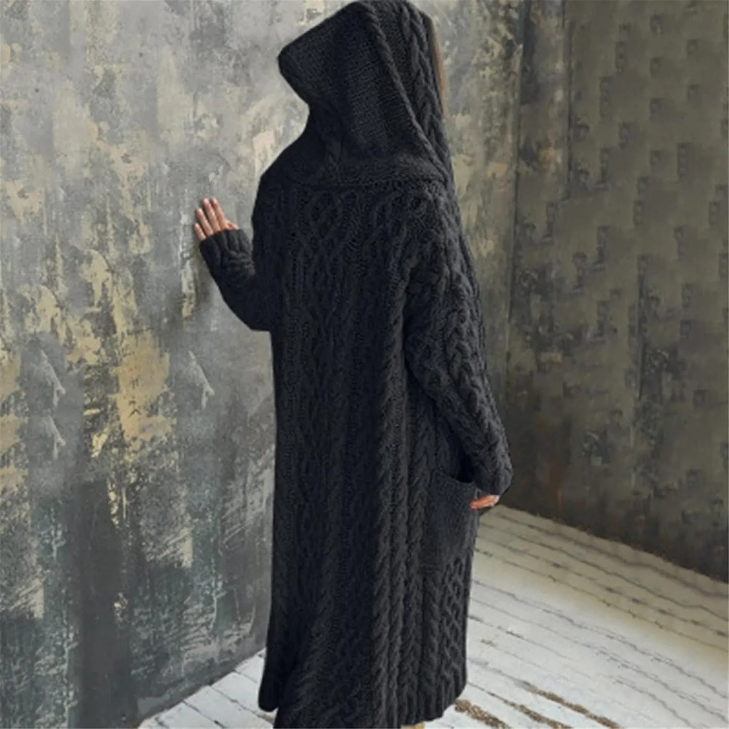 Long Chunky Cable Knit Cardigans For Women Open Front Long Hooded Sweater 2024 Winter Warm Oversized Solid Outwear