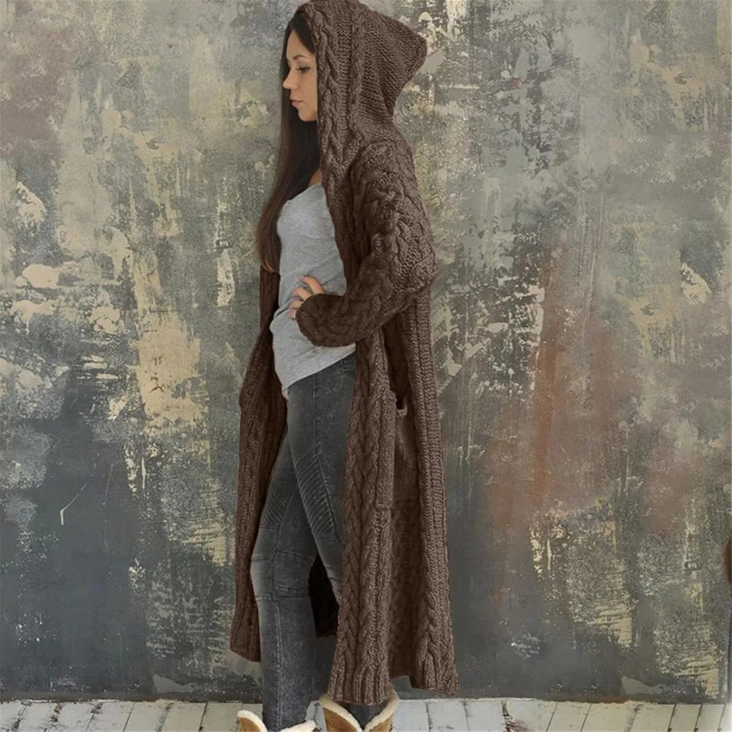 Long Chunky Cable Knit Cardigans For Women Open Front Long Hooded Sweater 2024 Winter Warm Oversized Solid Outwear