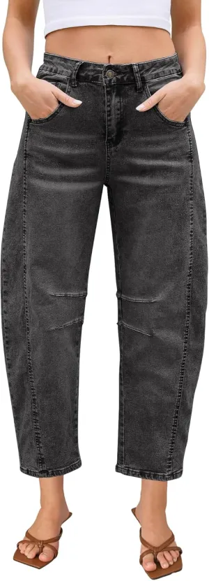 LookbookStore Barrel Jeans for Women High Waisted Cropped Wide Leg Trendy Baggy Distressed Stretchy Denim Jean Pants