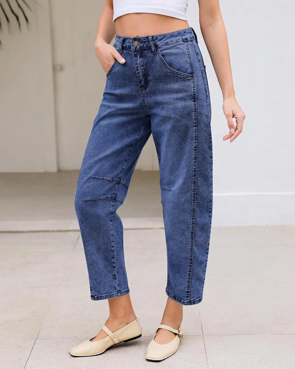 LookbookStore Barrel Jeans for Women High Waisted Cropped Wide Leg Trendy Baggy Distressed Stretchy Denim Jean Pants