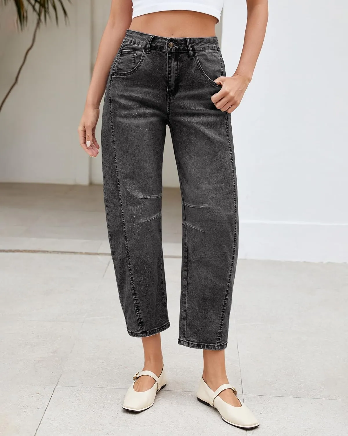 LookbookStore Barrel Jeans for Women High Waisted Cropped Wide Leg Trendy Baggy Distressed Stretchy Denim Jean Pants
