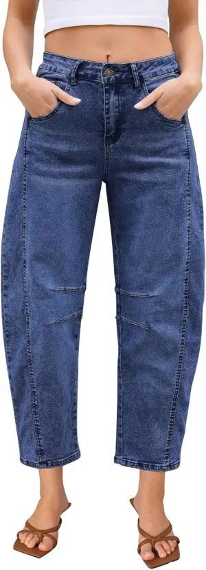 LookbookStore Barrel Jeans for Women High Waisted Cropped Wide Leg Trendy Baggy Distressed Stretchy Denim Jean Pants
