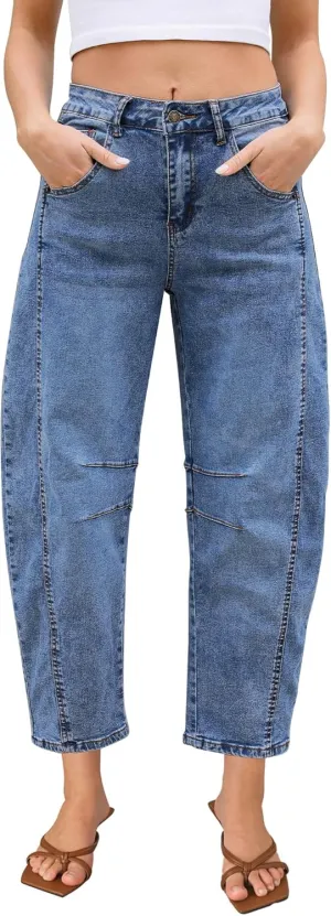 LookbookStore Barrel Jeans for Women High Waisted Cropped Wide Leg Trendy Baggy Distressed Stretchy Denim Jean Pants