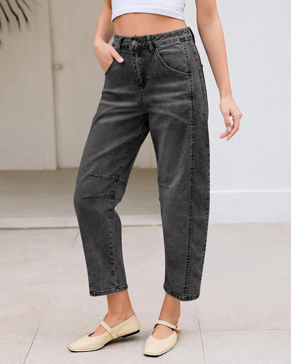 LookbookStore Barrel Jeans for Women High Waisted Cropped Wide Leg Trendy Baggy Distressed Stretchy Denim Jean Pants