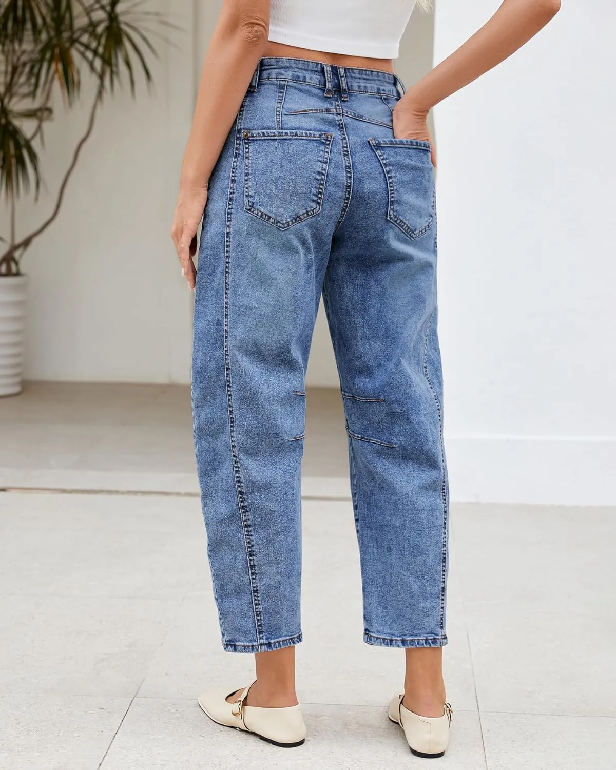 LookbookStore Barrel Jeans for Women High Waisted Cropped Wide Leg Trendy Baggy Distressed Stretchy Denim Jean Pants