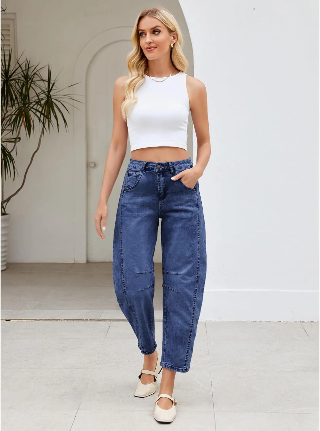 LookbookStore Barrel Jeans for Women High Waisted Cropped Wide Leg Trendy Baggy Distressed Stretchy Denim Jean Pants