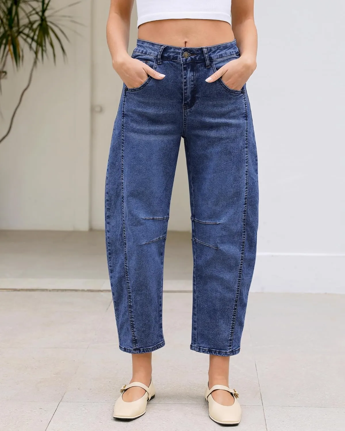 LookbookStore Barrel Jeans for Women High Waisted Cropped Wide Leg Trendy Baggy Distressed Stretchy Denim Jean Pants