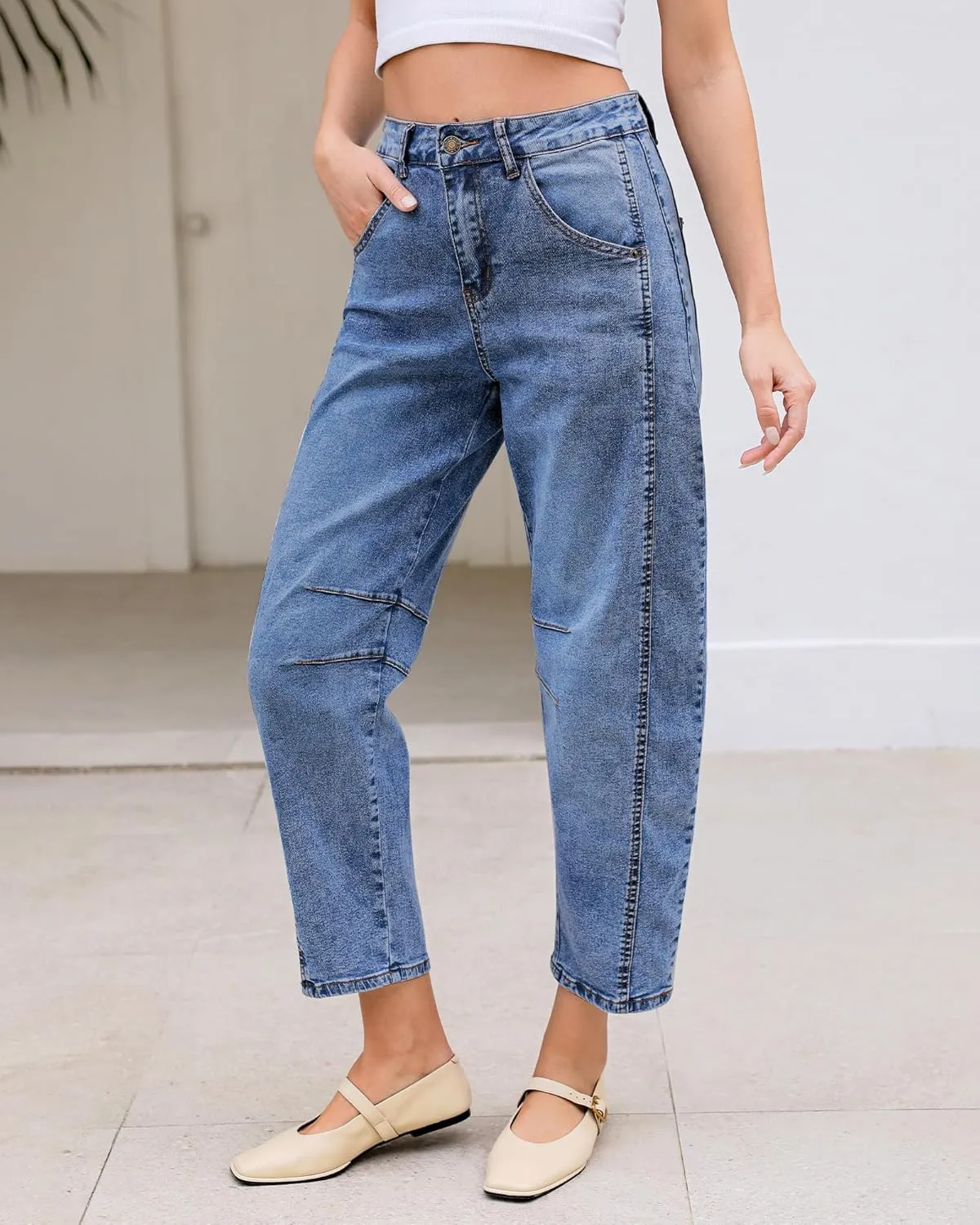 LookbookStore Barrel Jeans for Women High Waisted Cropped Wide Leg Trendy Baggy Distressed Stretchy Denim Jean Pants