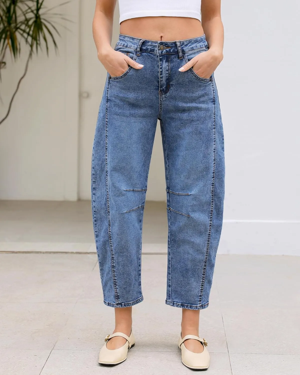 LookbookStore Barrel Jeans for Women High Waisted Cropped Wide Leg Trendy Baggy Distressed Stretchy Denim Jean Pants