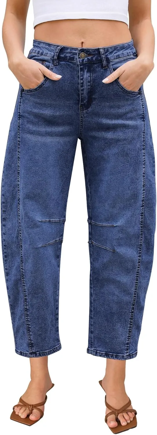 LookbookStore Barrel Jeans for Women High Waisted Cropped Wide Leg Trendy Baggy Distressed Stretchy Denim Jean Pants