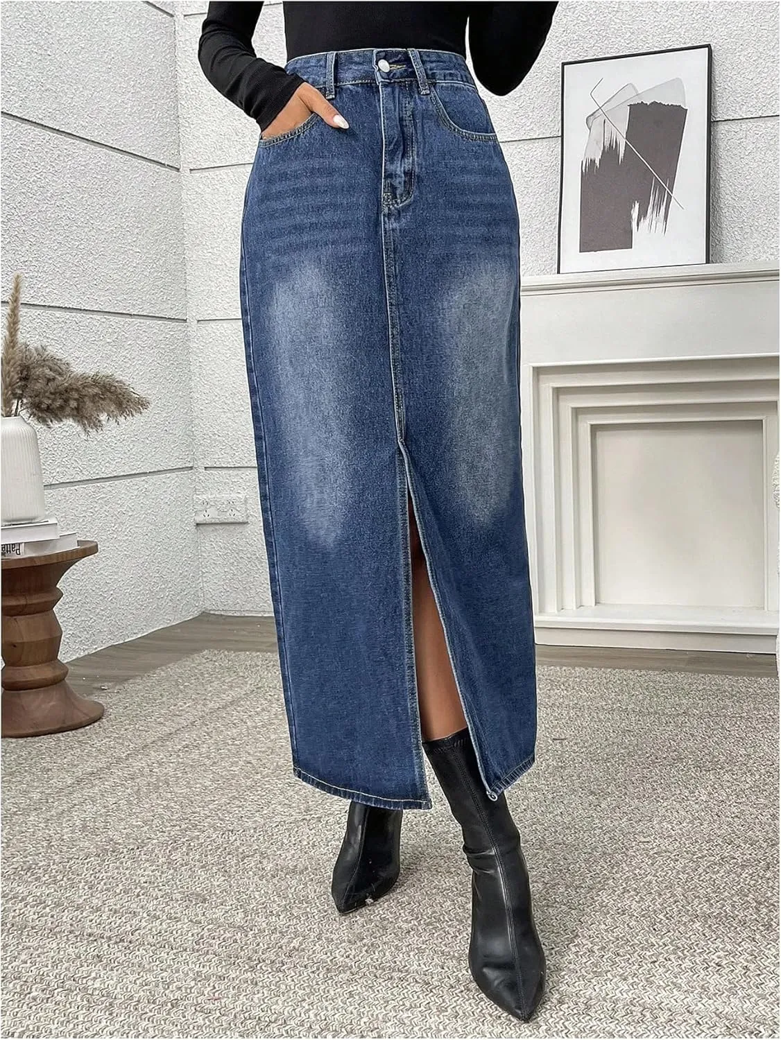 MakeMeChic Women's Denim Skirt High Waist Split Vintage Midi Jean Skirts with Pockets