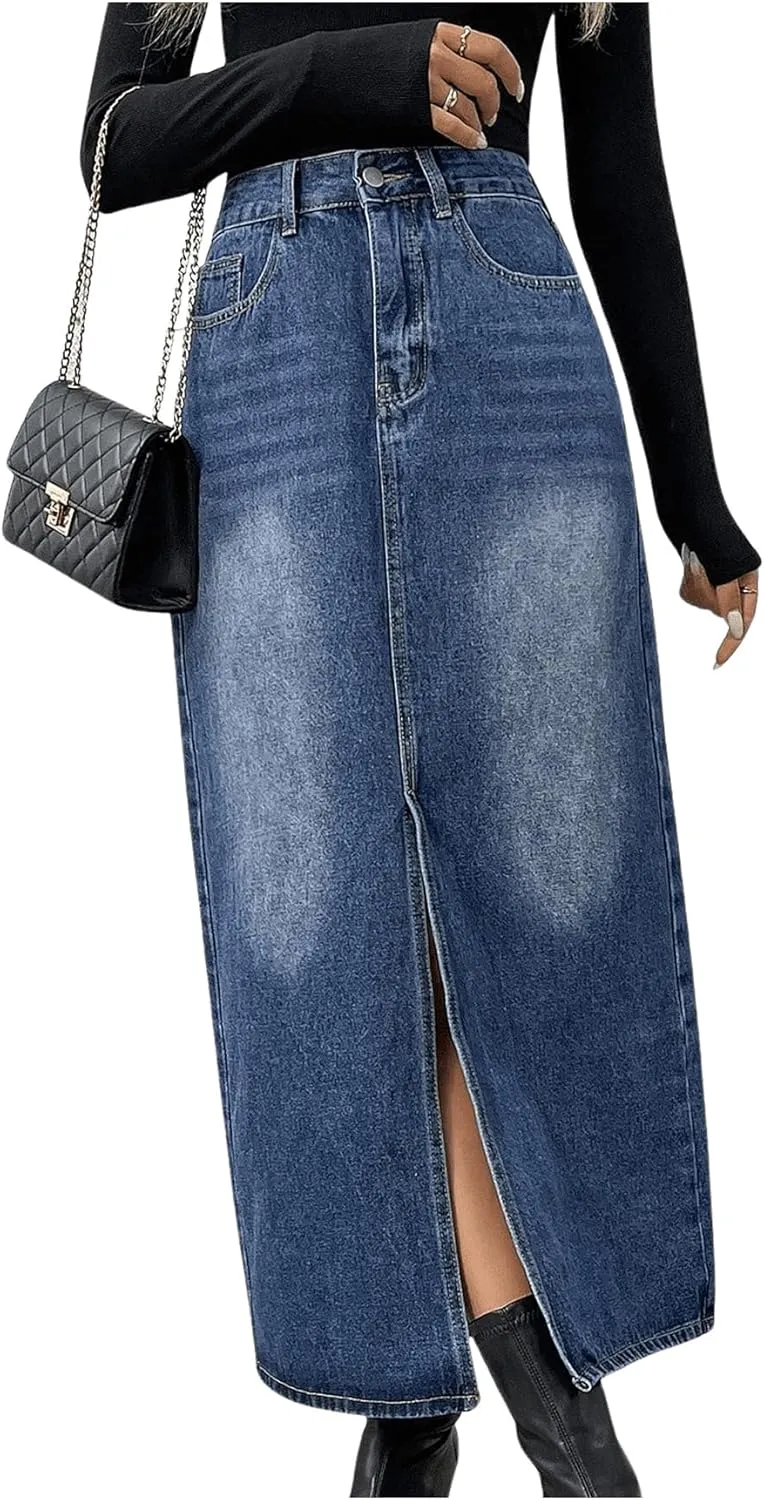 MakeMeChic Women's Denim Skirt High Waist Split Vintage Midi Jean Skirts with Pockets