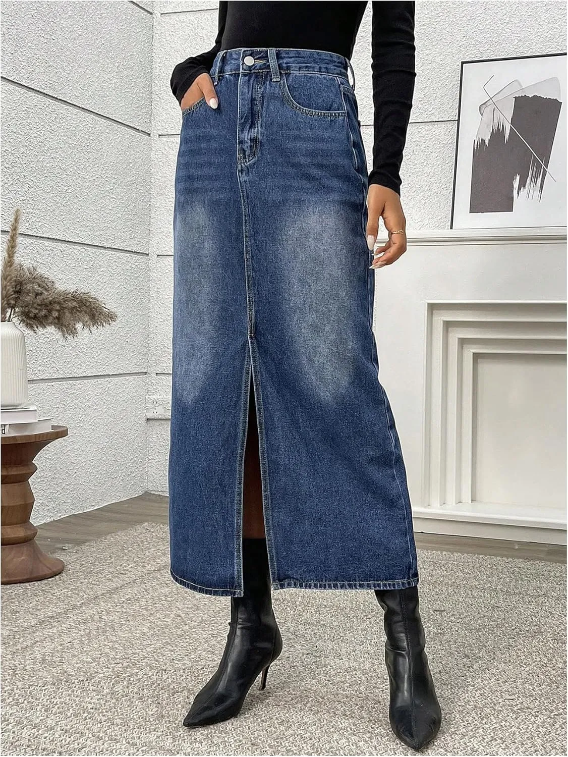 MakeMeChic Women's Denim Skirt High Waist Split Vintage Midi Jean Skirts with Pockets