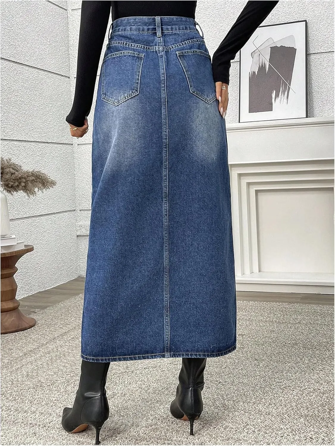 MakeMeChic Women's Denim Skirt High Waist Split Vintage Midi Jean Skirts with Pockets