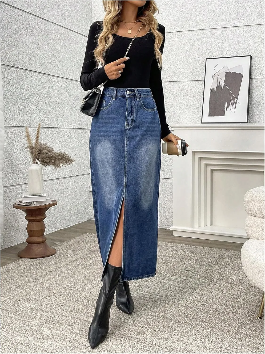 MakeMeChic Women's Denim Skirt High Waist Split Vintage Midi Jean Skirts with Pockets