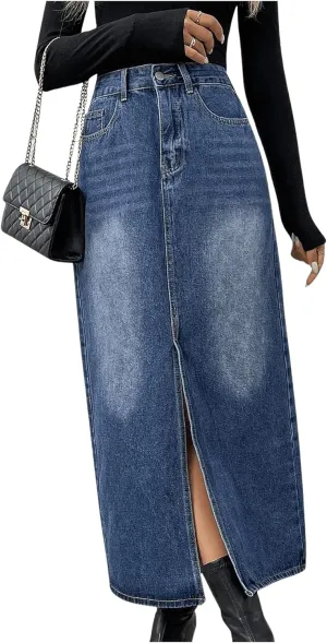 MakeMeChic Women's Denim Skirt High Waist Split Vintage Midi Jean Skirts with Pockets