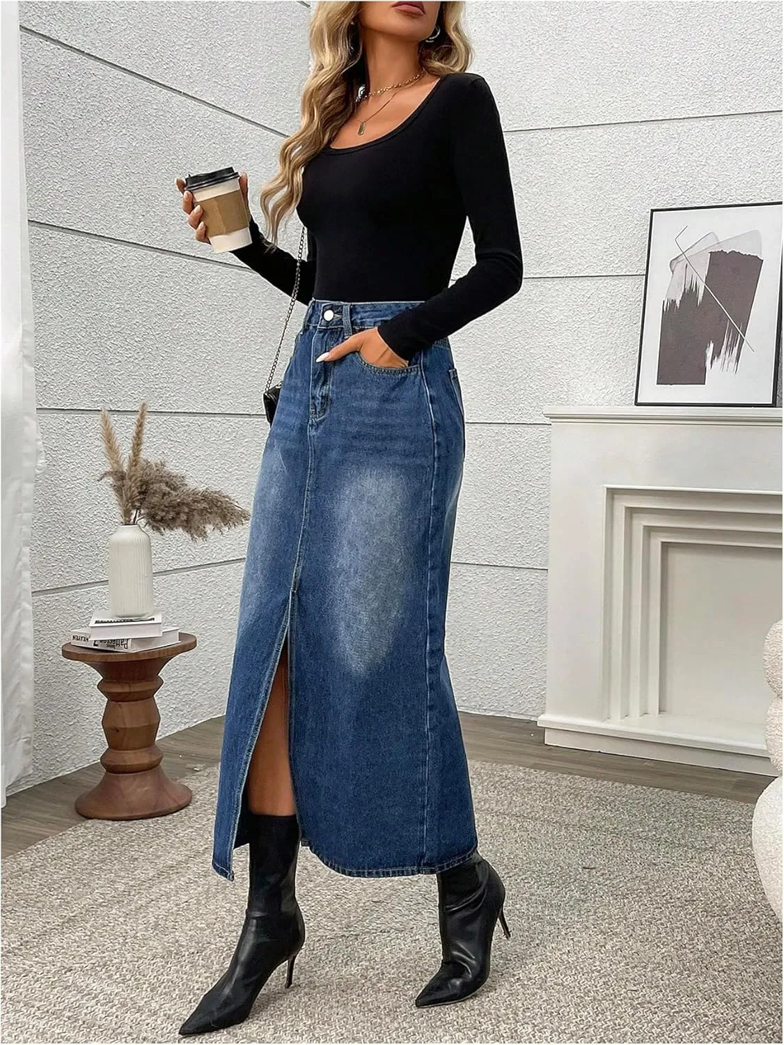 MakeMeChic Women's Denim Skirt High Waist Split Vintage Midi Jean Skirts with Pockets