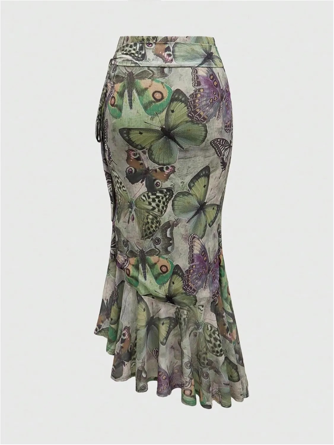 MakeMeChic Women's Mesh Butterfly Print Maxi Skirt Asymmetrical Knot Ruffle Hem Renaissance Skirts